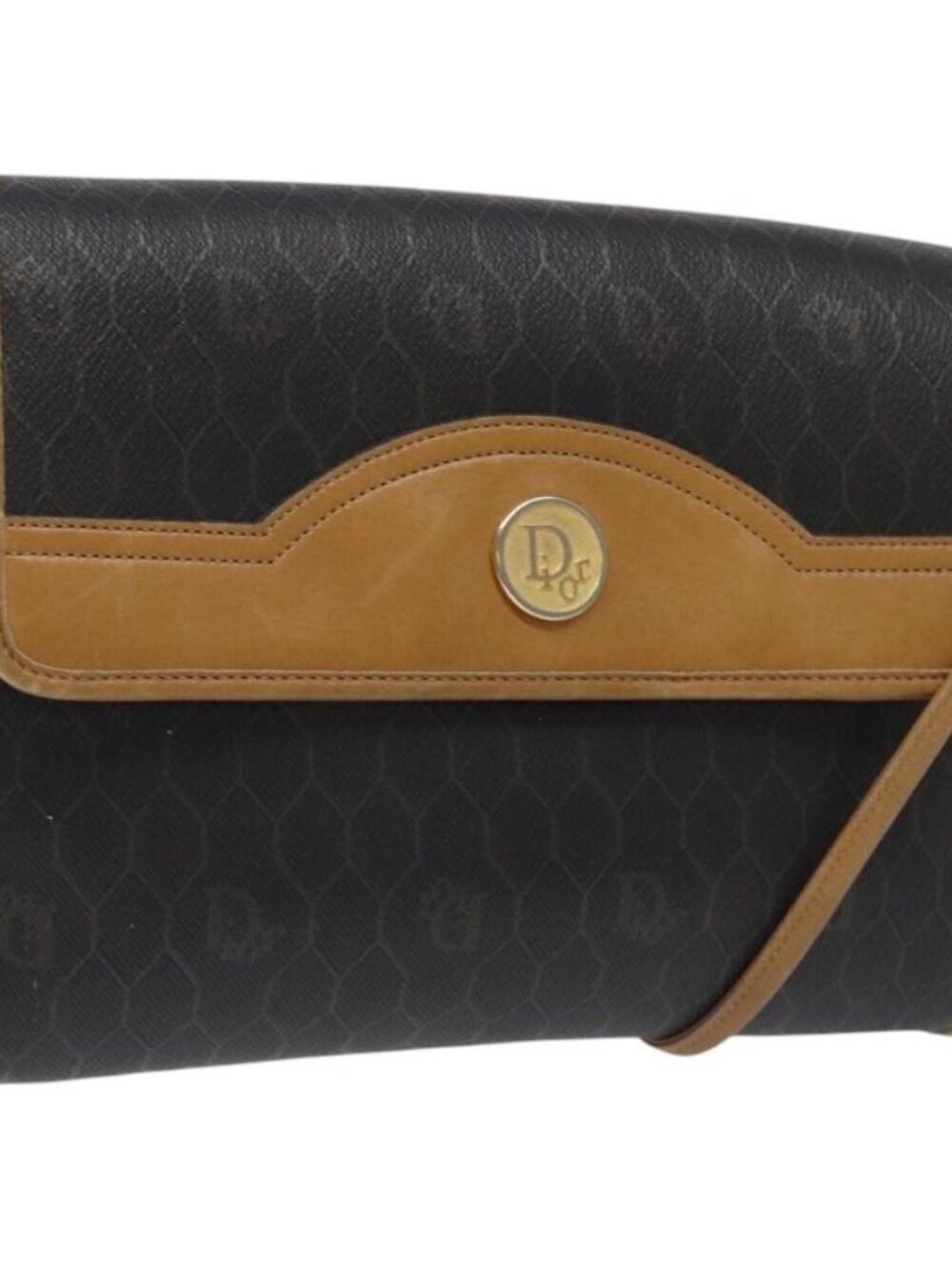 Christian Dior Honeycomb Canvas Shoulder Bag PVC Black Gold Auth 118414